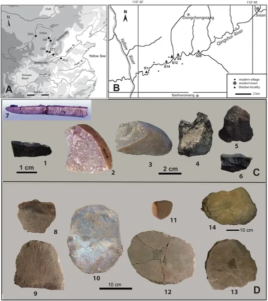 Map shows Shizitan site and nearby areas with photos of stone tools and grinding stones studied from Shizitan and nearby sites.