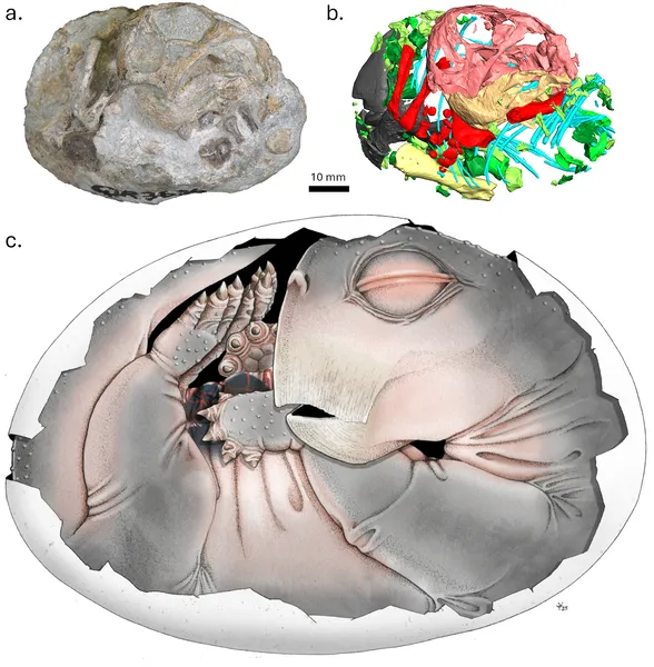 Fig 1 shows specimen NMQR 3636 from the side: a photo, a 3D bone model, and an artist's live reconstruction with color-coded bones.