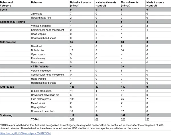 Table 1 shows how often different behaviors occurred with and without a mirror in Phase I.