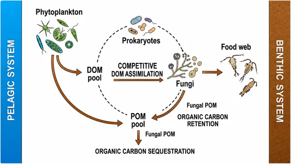 This model shows how marine fungi help recycle and store carbon by breaking down organic matter and contributing to long-term carbon storage in oceans.