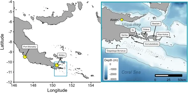 Map showing Eastern Papua New Guinea and Milne Bay with coastal outlines and national borders.
