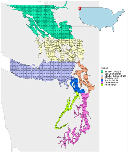 Map showing study area divided into numbered sections and colored regions to explore habitat use.