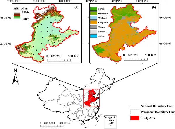 Map shows elevation and weather stations in Beijing-Tianjin-Hebei-Shandong-Henan area, plus land types like forest, urban, and water.