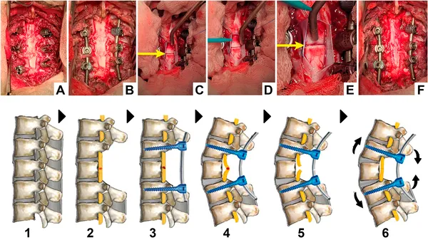 Step-by-step surgery images show spinal access, cord cutting, gel repair, and final stabilization with screws and rods.
