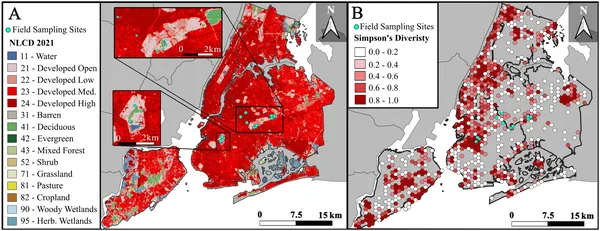 Map showing 12 NYC sites where moths were studied and areas with different moth species diversity based on citizen science data.