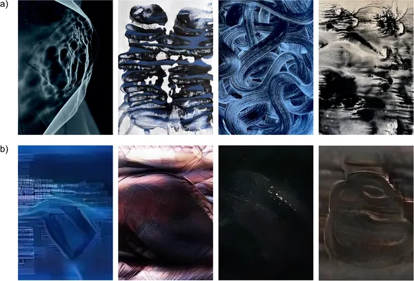 Artistic (a) and pseudo-artistic (b) images with titles like 'Black holes of memory' and 'Vibrations of time' shown side by side.