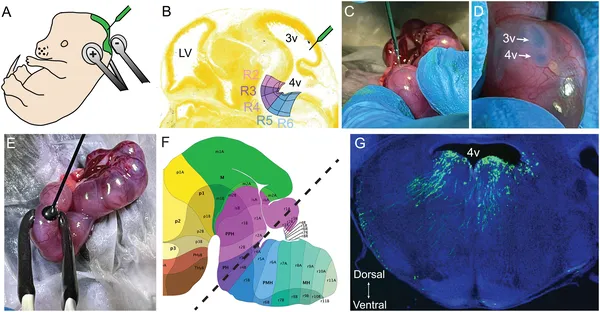 Using triple electrodes, DNA is injected into mouse embryos' brain ventricles to target and study specific brain regions during development.