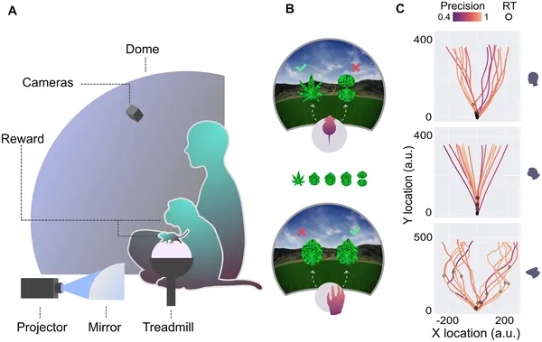 Mice, monkeys, and humans used a trackball to navigate a VR task, choosing between two shapes to test decision-making paths and precision.
