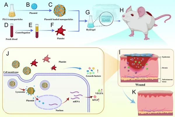 This diagram shows how a special gel with healing proteins helps rat wounds heal faster by slowly releasing growth factors.