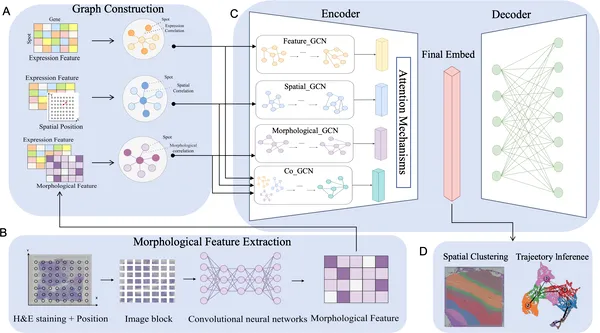 Fig 1. STESH analyzes gene expression, location, and tissue images using graphs and AI to study tissue features in detail.
