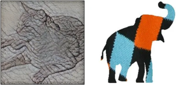 Examples showing a cat shape with elephant skin texture and an elephant shape with argyle sock texture.
