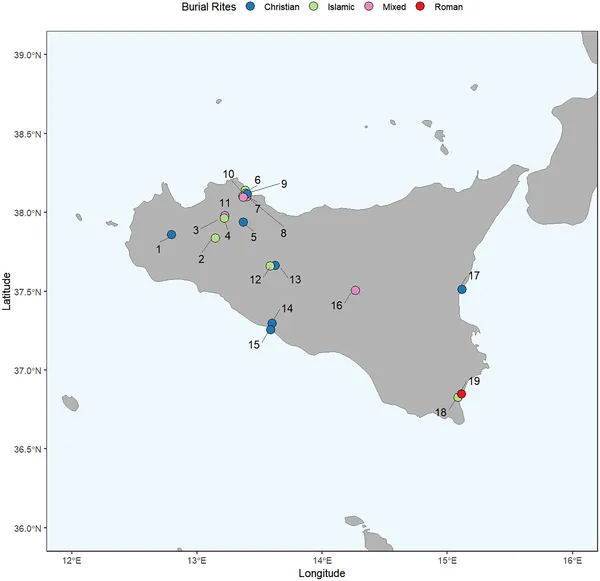 Map showing 19 sample collection sites across Sicily used in this study, created with public data and R software tools.