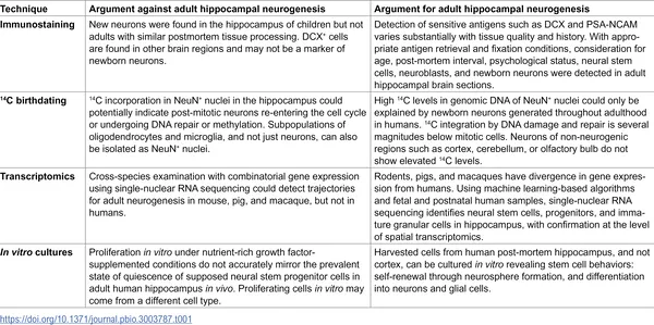 Table 1 summarizes the pros and cons of adult brain cell growth in the hippocampus from different studies.