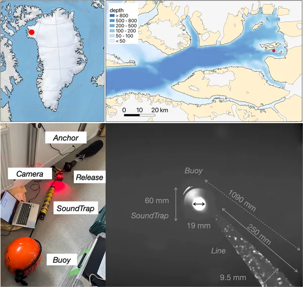 Map and photo showing the study site and equipment setup in Inglefield Bredning Fjord, Greenland, with processed underwater camera views.