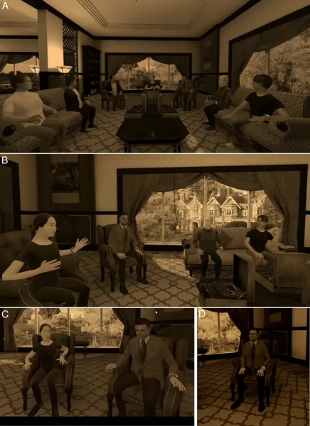 A virtual room where panelists and the moderator interact, showing their positions and views during the discussion.