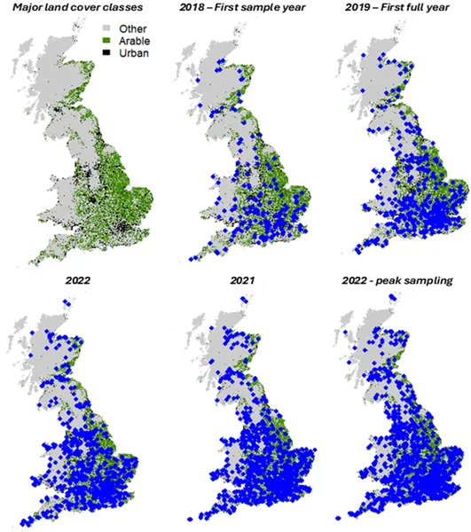 Map showing hive locations providing honey samples from 2018 to 2023, with fewer sites after 2023 due to analysis costs.