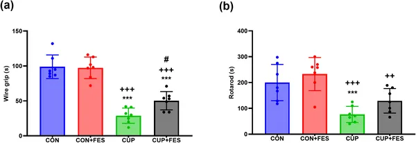 Different treatments affect muscle strength and coordination, shown by wire grip and rotarod tests with significant differences marked by symbols.