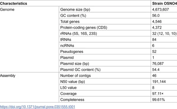 Overview of the key genetic features of strain OSNO4.