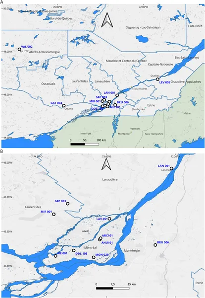 Map showing 13 mosquito sampling sites, including detailed locations in the greater Montreal area.
