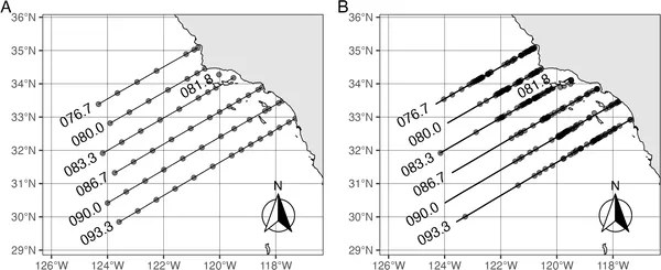 Map showing where NCOG samples were taken and baleen whales were spotted along CalCOFI routes from 2014-2020.