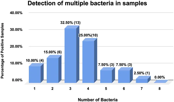 This figure shows the percentage of samples containing multiple types of bacteria, with sample counts included in parentheses.