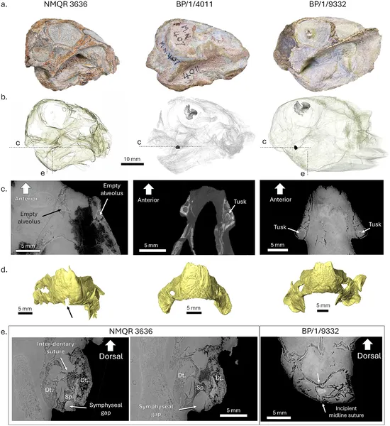 Skull images and 3D scans of young Lystrosaurus show tusks, jaw bones, and growth stages in three specimens.