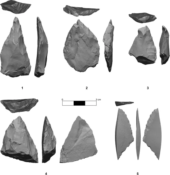 Tools and holes found in Layer 6c/2 of Chagyrskaya Cave showing ancient human activity.