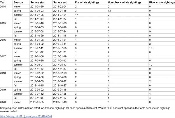 Number of whale sightings per cruise for different whale species.