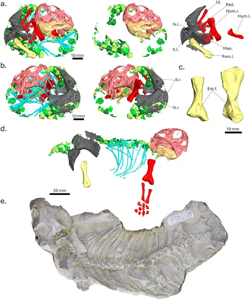 3D and photo views compare two young Lystrosaurus skeletons, highlighting bones like skull, ribs, limbs, and pelvis in different colors.