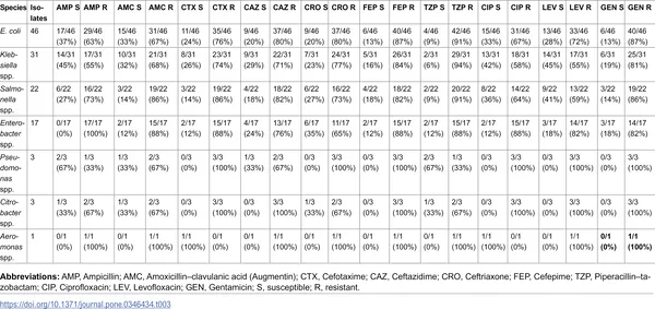Table showing how bacteria respond to antibiotics, with counts and percentages of those that are either susceptible or resistant.