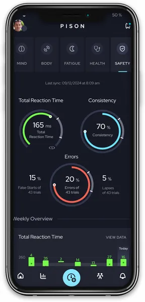 The Pison app measures your reaction time to check your readiness by comparing it to baseline data.