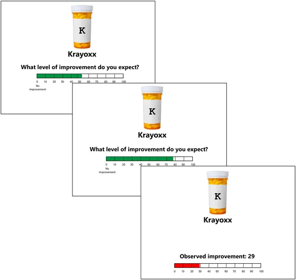 Participants predicted patient improvement after seeing a medicine cue, then saw the actual health outcome in each trial.
