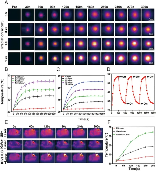 This figure shows how ICG-GVs heat up under laser light, with effects varying by concentration, repeated exposure, and ultrasound treatment.