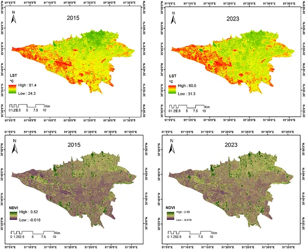 Maps showing plant health and land temperature in summer 2015 and 2023 using satellite images from USGS/NASA.