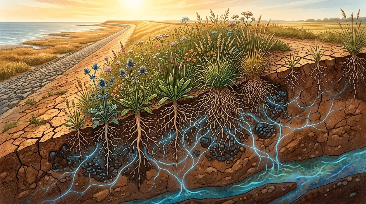 How Plant Diversity on Coastal Dikes Helps Buffer Soil Moisture During Droughts blog post